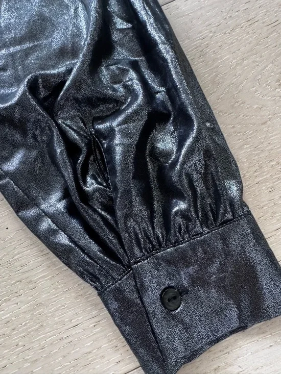 $375 L’Agence- Metallic Silver Longsleeve Gisele Necktie Blouse - Picture 7 of 7